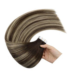 YoungSee Human Hair Tape in Extensions Dark Brown Tape in Hair Extensions Human Hair Balayage Tapes ins Human Hair Extension Dark Brown Ombre Ash Blonde Tape-in Hair Silky Straight 20 Inch 20pcs 50g
