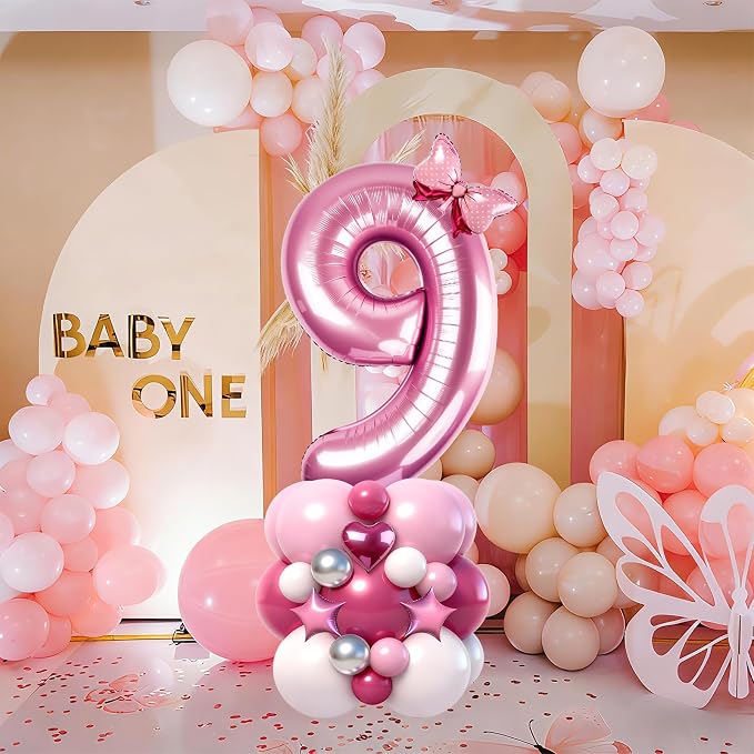 40 Inch Pink Number 9 Balloon Tower Set, Pastel Number Nine Foil Balloon - Image 6