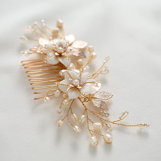 SWEETV Wedding Hair Comb for Bridal Hair Accessories, Handmade Flower Bridal Hair Clip Hair Pieces, Gold, 5.12 *2.75 inches, 1 Count (Pack of 1)