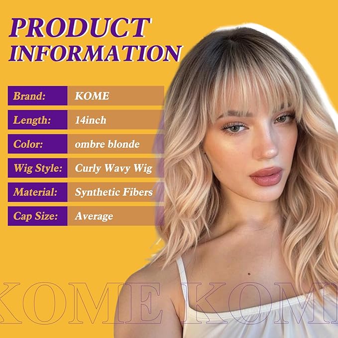 Curly Bob Wig with Bangs Short Wavy Ombre Blonde Wigs for Women Lob Haircut Synthetic Heat Resistant Bob Wigs 14IN
