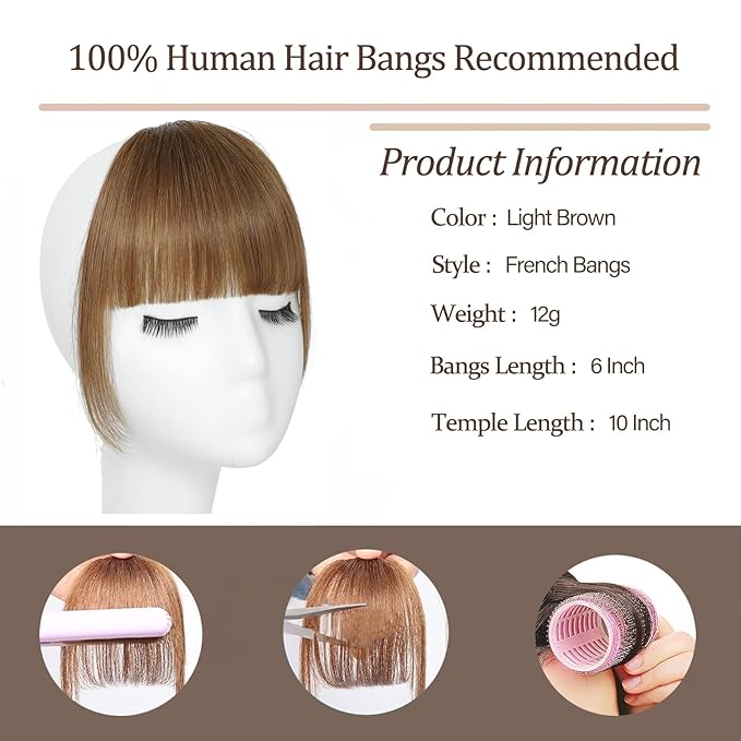 Light Brown Clip In Bangs Real Human Hair French Bangs For Women Clips Thick Bangs Fringe With Temples Hairpieces Curved Bangs For Daily Wear