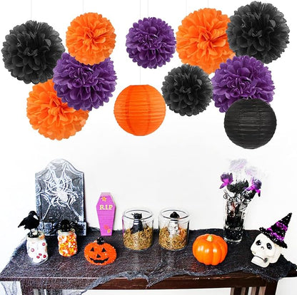 Purple-Orange Black Party-Decorations Paper-Flowers Lanterns - Image 2