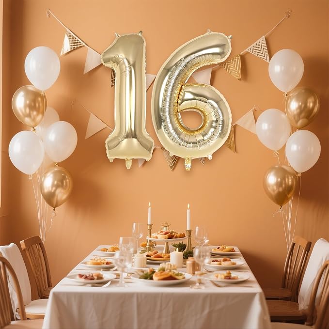 Champagne Gold Large Number 16 Balloon, 40 Inch Light Gold Foil Helium Number - Image 3