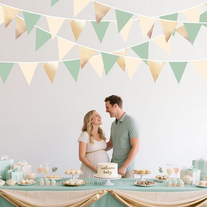 Sage Green Beige Champagne Gold Party Decorations Metallic Fabric Triangle - Image 5