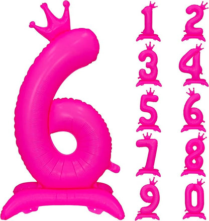 Fluorescent Pink Crown Number 6 Foil Balloon Neon Glow In The Dark Balloon | by YOIOZAIZAI