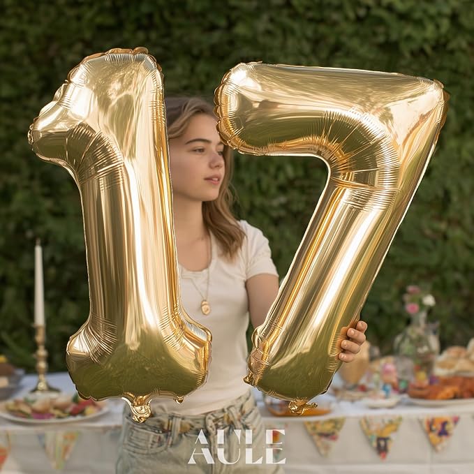 AULE 40 Inch Light Gold 17 Balloon Number Foil 0-9 Birthday Big Numbers | - Image 3