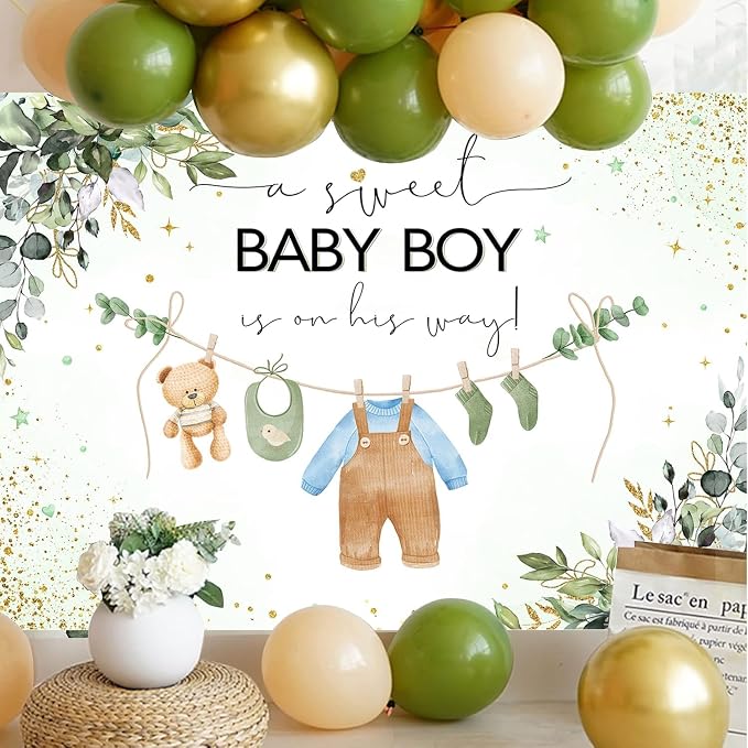 InMemory Green Baby Shower Backdrop Oh Baby Clothes Welcome Newborn Party - Image 2
