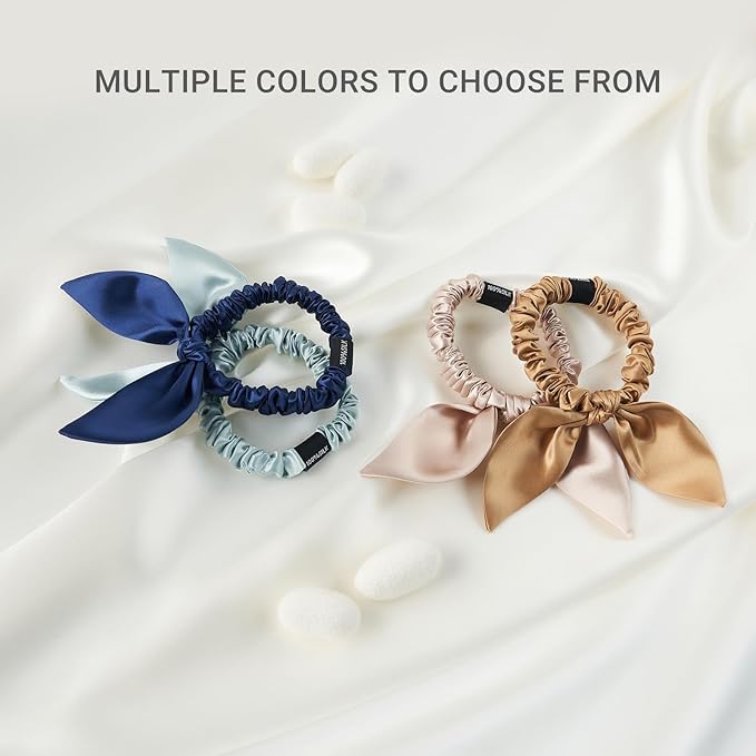 THXSILK Hair Silk Scrunchies with Bow for Women Pure Mulberry Silk Hair Cute Ring Ties Scrunchies for Girls Women's Thick Hair, Light Blue, 2.8"