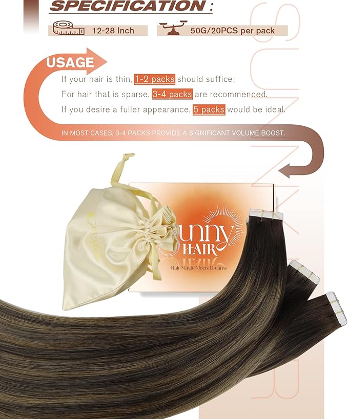 Sunny Hair Brown Tape in Hair Extensions 20 Inch Remy Tape in Extensions Human Hair Balayage Brown Tape ins Human Hair Extensions 20Pcs 50g