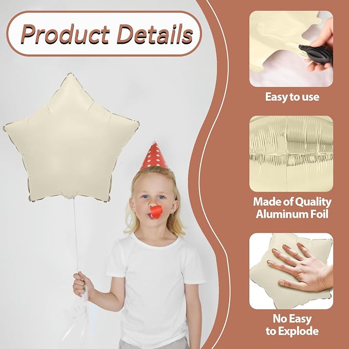 Brown Apricot Star Foil Balloons, 18 Inch Coffee Cream Beige Star Balloons - Image 3