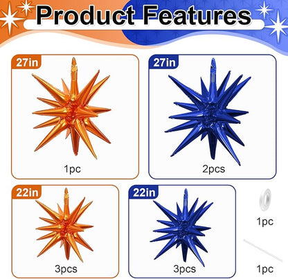 9Pcs Navy Blue and Orange Star Balloons, Large Explosion Foil Balloons - Image 2