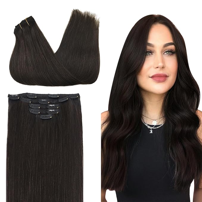 DOORES Clip in Hair Extensions, 5pcs 80g Dark Brown 20 Inch Remy Human hair Extensions Clip in Real Hair Extensions Natural