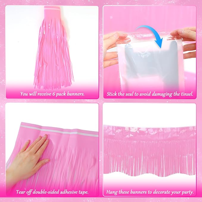 LOLStar Macaron Pink Foil Fringe Tinsel Garland Streamers Banner, 6 Pack | 60Ft - Image 5