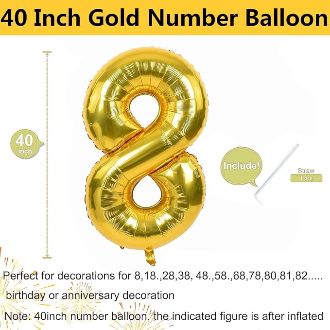 40 inch Gold Number Balloon Giant Foil Helium Balloons Gold Number 8 Balloon - Image 2