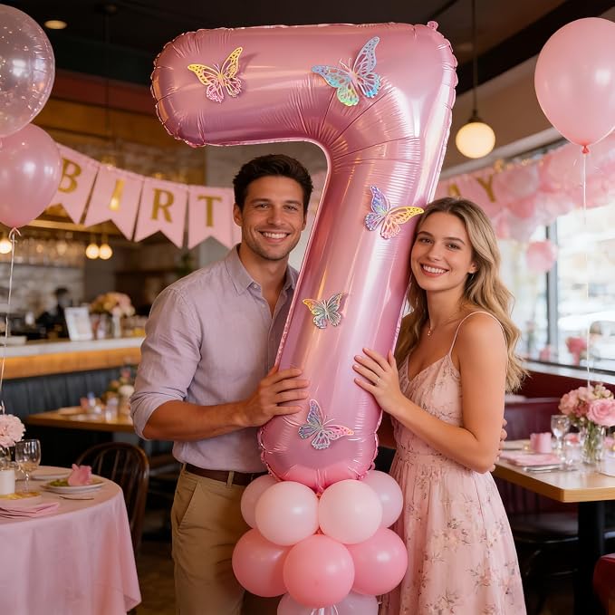 40 Inch Number Balloon Pink Large Mylar Foil Pink Number Balloons and Butterfly - Image 6