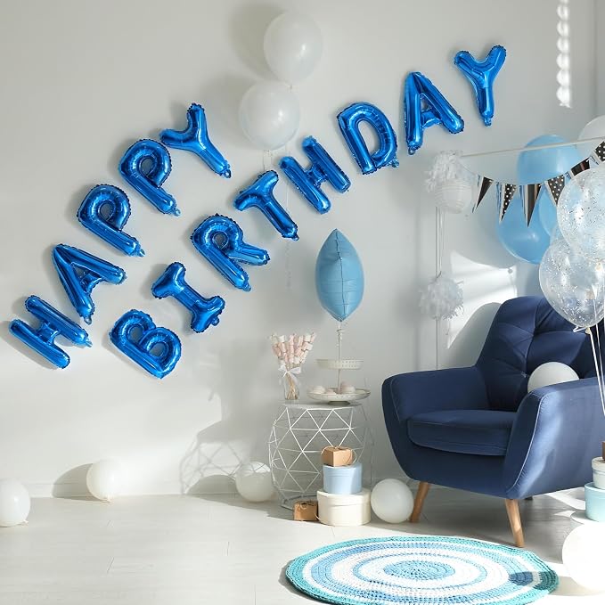 Blue Happy Birthday Balloon Banner, 16 Inch Foil Mylar Happy Birthday Balloons - Image 3