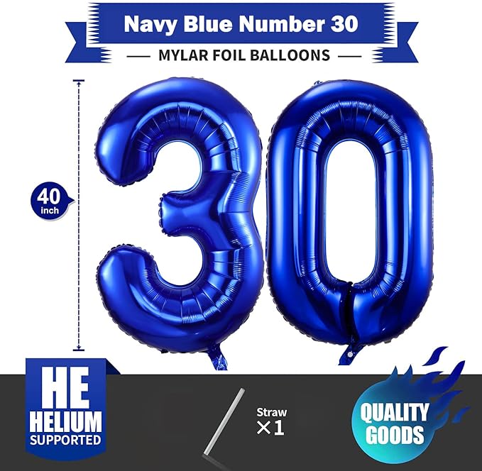 Navy Blue 30 Balloon Numbers, 40 Inch Dark Blue 30 Birthday Balloons Large Foil - Image 2