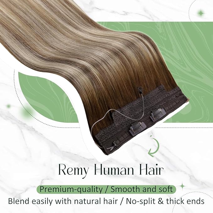 RUNATURE Invisible Wire Hair Extensions Real Human Hair Brown Balayage, 16 Inch 80g One Piece，Soft Natural Looking for Dating, Easy to Install #3/8/22 Walnut Brown to Light Brown with Blonde