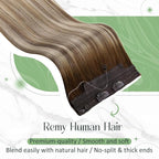 RUNATURE Brown Balayage Wire Hair Extensions Real Human Hair 20 Inch 100g, Invisible Fish Line Hair Extensions Soft Silky Hair, Quick Application #3/8/22 Walnut Brown to Light Brown with Blonde
