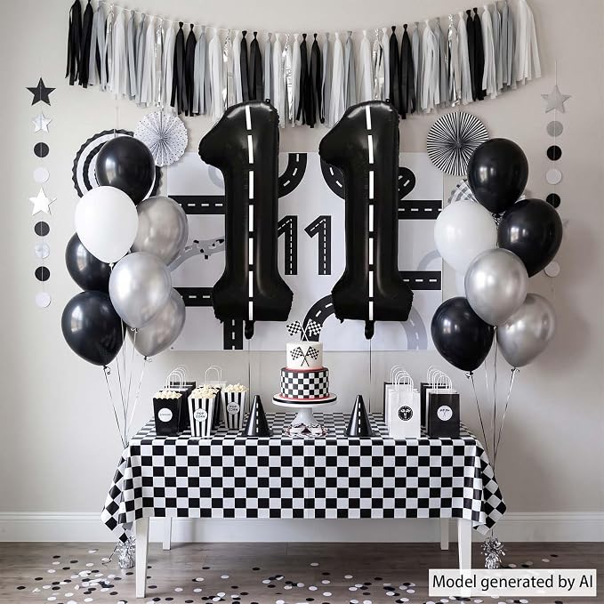 Black and White Stripes Number 11 Balloon 40 Inch, Road Style Digit Decor | - Image 7