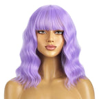 BERON 14 Inches Purple Wig Short Curly Wig Women Synthetic Wigs Lavender Purple Wigs with Bangs Hairnet Included