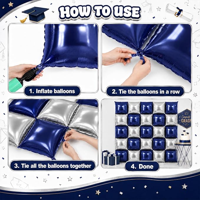 Metallic Navy Blue and Silver Double Sided Square Foil Balloons Wall, 19 Inches - Image 2