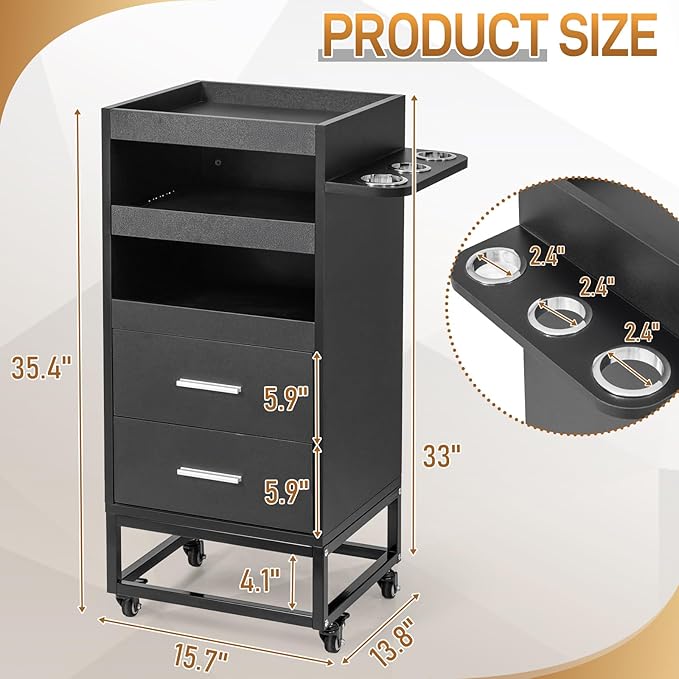 Winado Beauty Salon Trolley Cart, Rolling Hair Cart with Lockable Wheels, 2 Drawers, 3 Tool Holders, Mobile Makeup Organizer Station Cabinet for Hair Stylist Beauty Spa Barbershop, Black