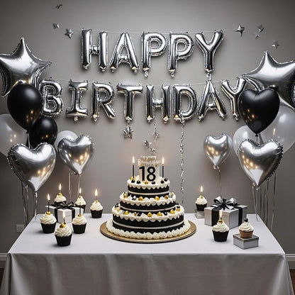 27 Pcs Silver Black Birthday Decorations, 3D Letters Silver Happy Birthday - Image 6