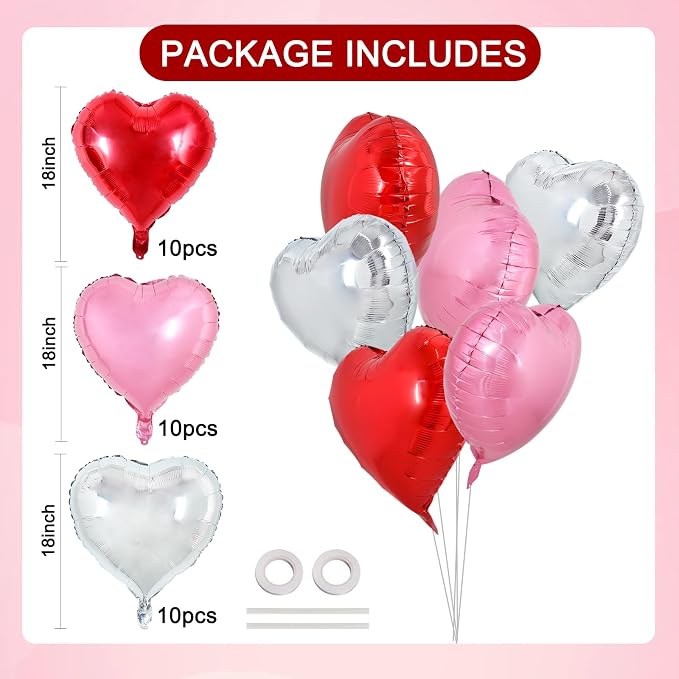 TONIFUL 30 Pcs 18 Inch Red Silver Pink Heart Shape Foil Mylar Balloons | Helium - Image 2