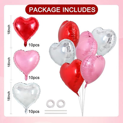 TONIFUL 30 Pcs 18 Inch Red Silver Pink Heart Shape Foil Mylar Balloons | Helium - Image 2