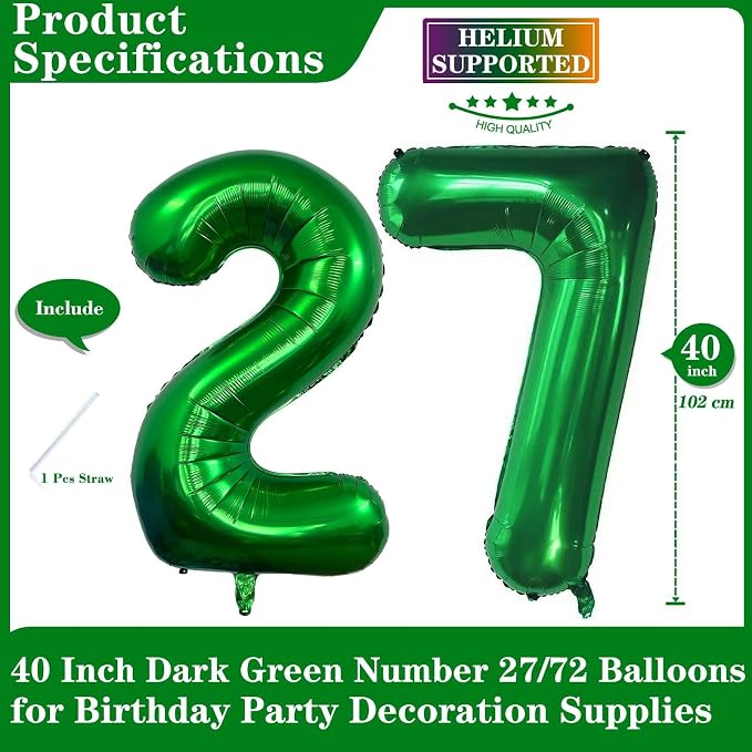 Dark Green 27 Number Balloons, 40 Inch Giant Number 27 Balloons Foil Mylar - Image 2