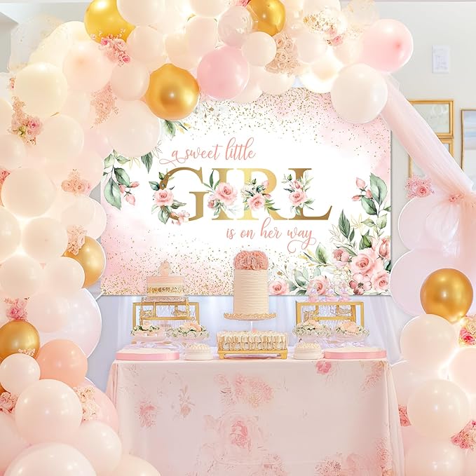 Avezano Girl Baby Shower Backdrop Pink Floral Sweet Baby Baby Shower Banner A - Image 2