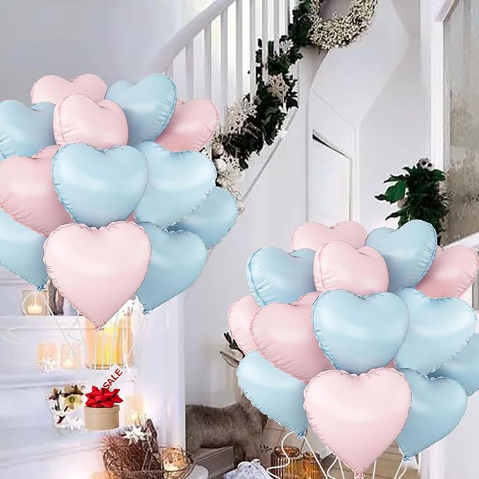 Blue Pink Heart Balloons, 18inch Light Blue Heart Shaped Foil Balloons & Baby - Image 3