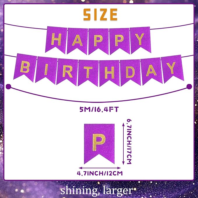 Purple Happy Birthday Banner - 16 ft Pre-Strung Gold Purple Birthday Party - Image 7
