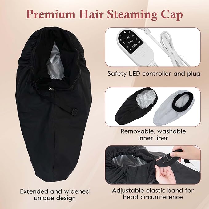 Heat Cap for Deep Conditioning-Hair Steamer for Natural & Thick Hair with 10-Level Temp Control 3 Timer Settings, Fast Heating Thermal Steam Cap for Home Hair Mask & Oil Treatments