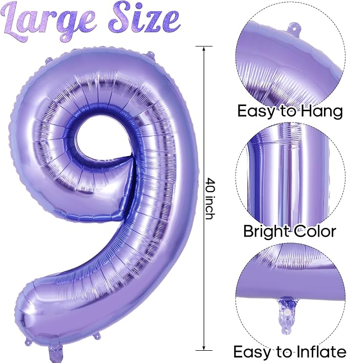 Purple Number 9 Balloon 40 Inch, Big Large Foil Helium Number Balloons - Image 3