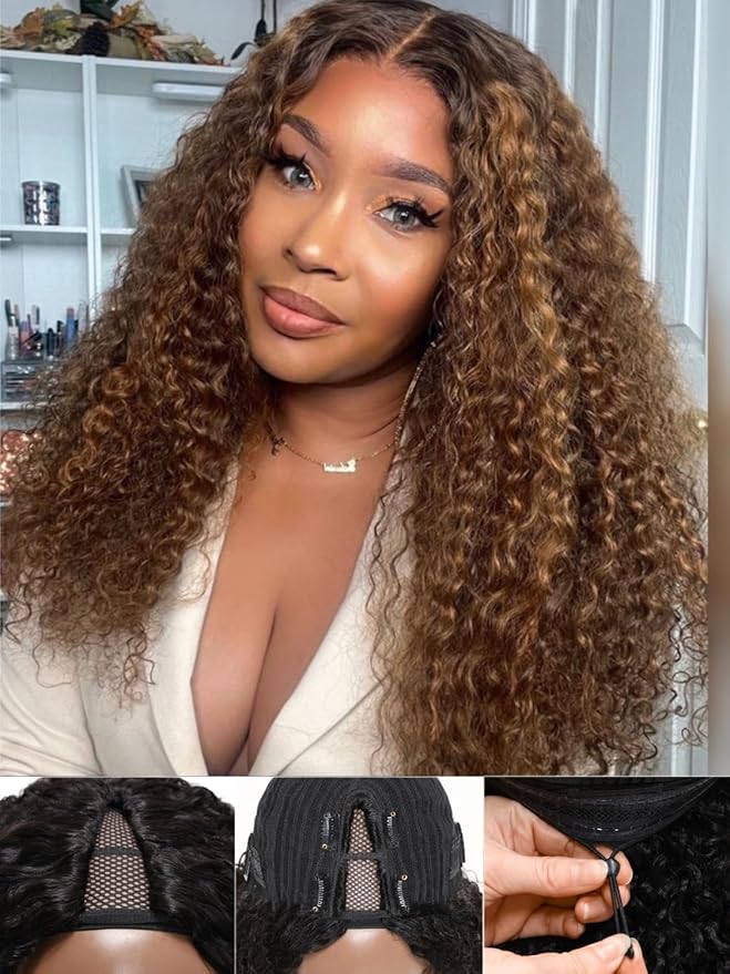 YIROO EasiContour V Part Wigs Ombre Brown Glueless Human Hair Upgrade U Part Wig with Dark Roots Highlight V Shape Clip Wigs Beginner Friendly with Drawstring Ready to Wear Chestnut Brown Color 16Inch
