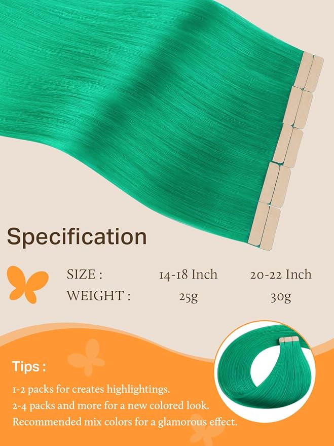 DOORES Human Hair Extensions, Green Tape in Hair Extensions 10pcs 22 Inch 30g, Straight Skin Weft Seamless Invisible Tape
