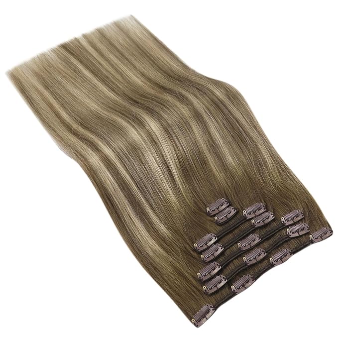 Ve Sunny Balayage Clip in Hair Extensions Real Human Hair Double Weft Remy Hair Clip in Human Hair Extensions Walnut Brown Ombre Light Brown with Blonde 18inch 120g 7pcs