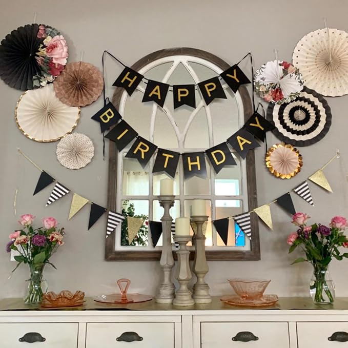 Pre-Strung Black and Gold Happy Birthday Banner Sign - Image 8
