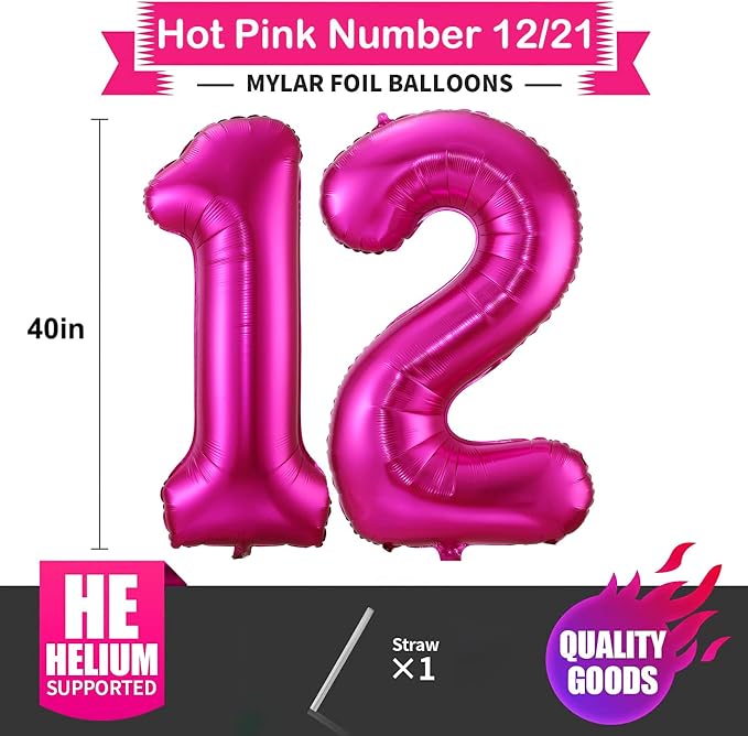 Hot Pink 12 Balloon Numbers, 40 Inch 12 or 21 Birthday Balloon Foil Mylar - Image 2