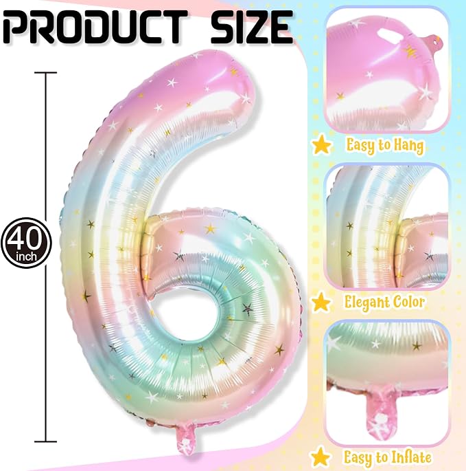 40 Inch 6 Balloon Number, Large Rainbow Foil Number 6 Balloons Birthday Party - Image 2