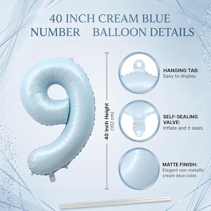 Pastel Blue Number 9 Balloon 40 Inch, Foil Sky Numeral Party Supplies | - Image 4