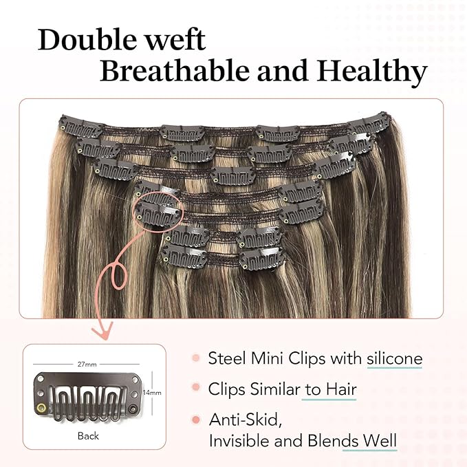 XDhair Clip in Extensions Human Hair 22 Inch 160g 7pcs Chocolate Brown to Caramel Blond Clip in Hair Extensions Real Human Hair for Women #4p27/22 inch
