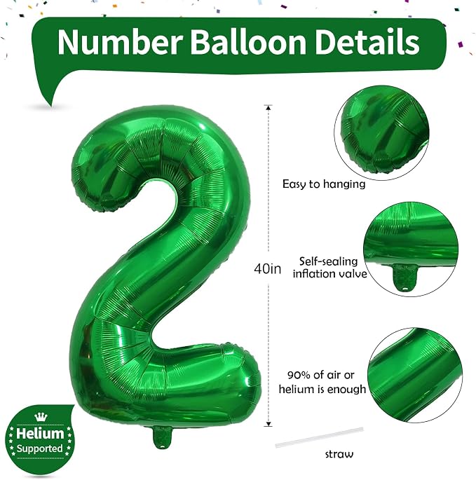 40 Inch 2nd Birthday Number Balloon, Dark Green Foil Self Inflating Balloons - Image 2