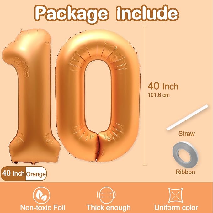 10 Balloon Number, 40 Inch Orange Foil Balloons Giant Jumbo Helium Number 10 - Image 2