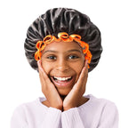 mikimini Small Black Shower Caps for Kids, Double Layers Waterproof Bathing Hair Cap with Reusable Soft Comfortable PEVA Lining, Cute, Non-fading & Stretchy Shower Hat Small Pack of 1, Black + Orange