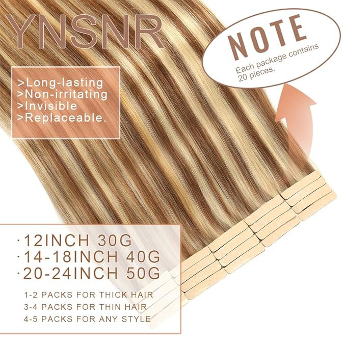 Tape in Hair Extensions Human Hair Chestnut Brown Highlighted Bleach Blonde Hair Extensions 18 Inch 20pcs Remy Straight Human Hair Tape in Extensions Skin Weft Tape Extensions Human Hair