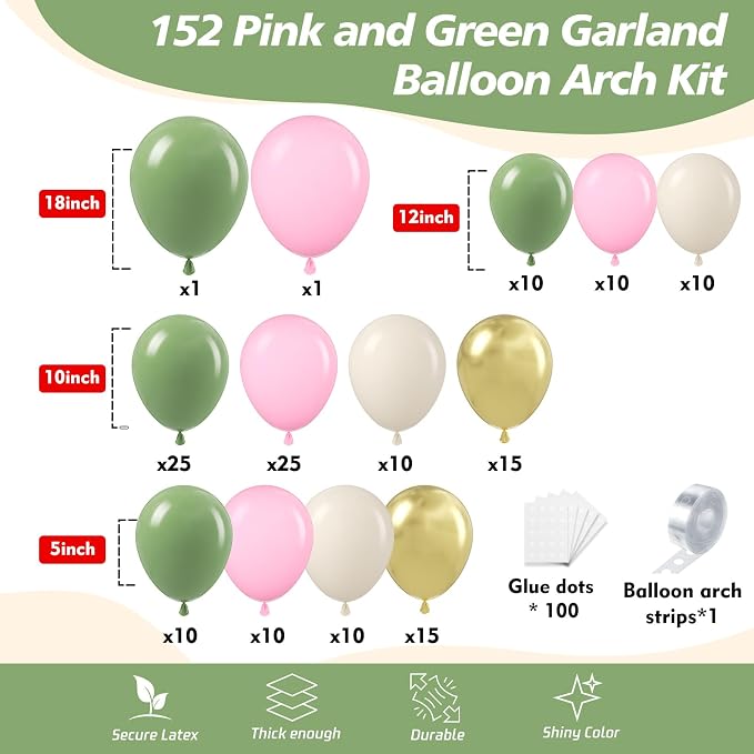 152Pcs Pink and Green Balloon Garland Arch Kit - Image 2