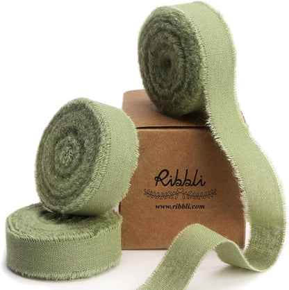 Ribbli 3 Rolls Sage Green Ribbon 5/8 Inch x 18Yards Handmade Cotton Frayed by Ribbli